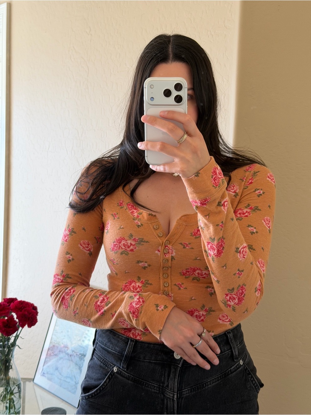 Free People Dylan Thermal Floral Henley Long-Sleeve Bodysuit